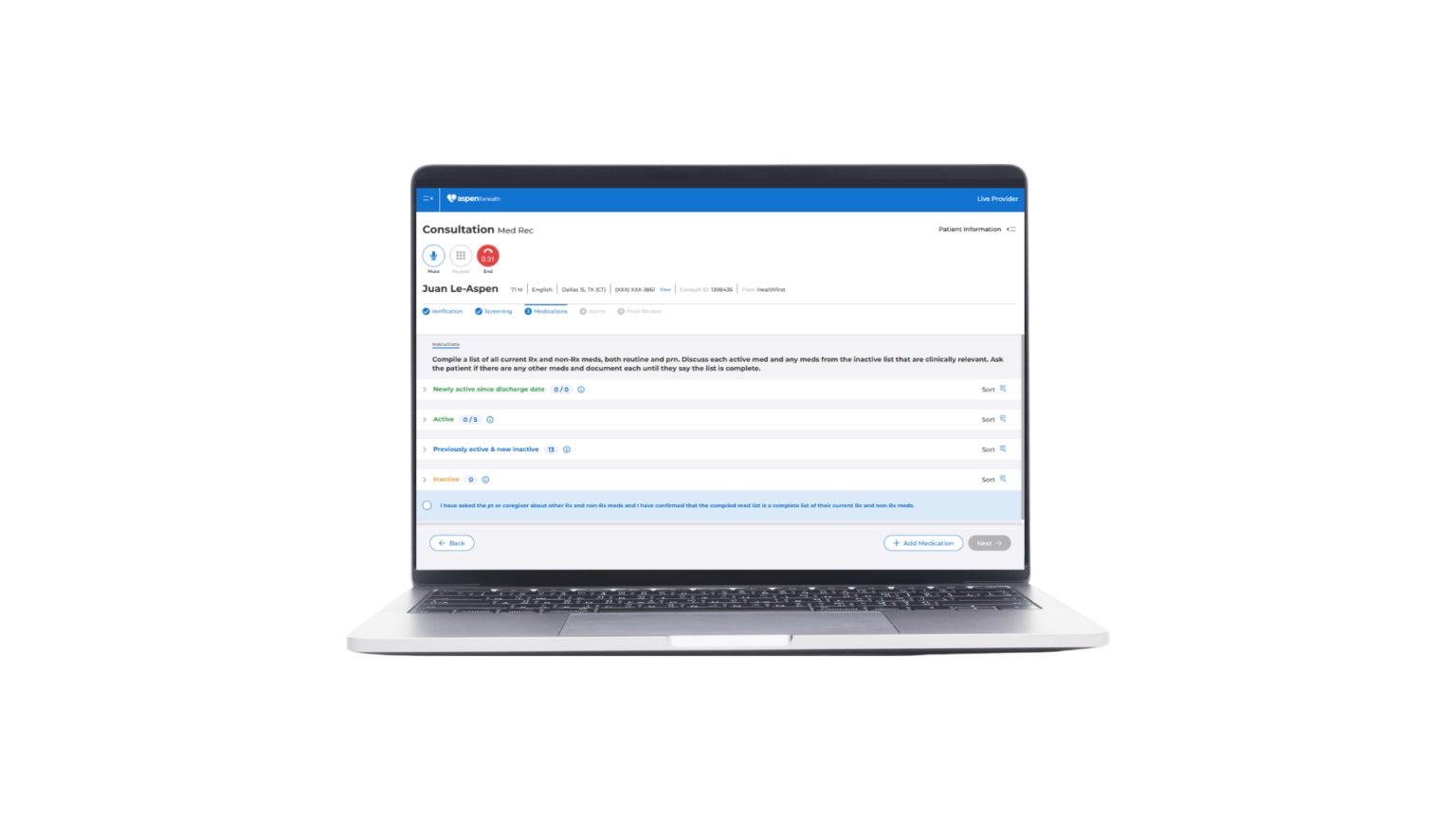 Aspen RxHealth MTM platform displayed on laptop screen